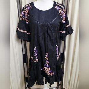 Free People Black Dress with Purple & Pink Embroidery | Size Small